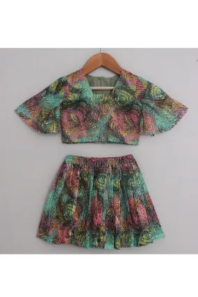 Multicolor Peacock Printed Top With Skirt Set