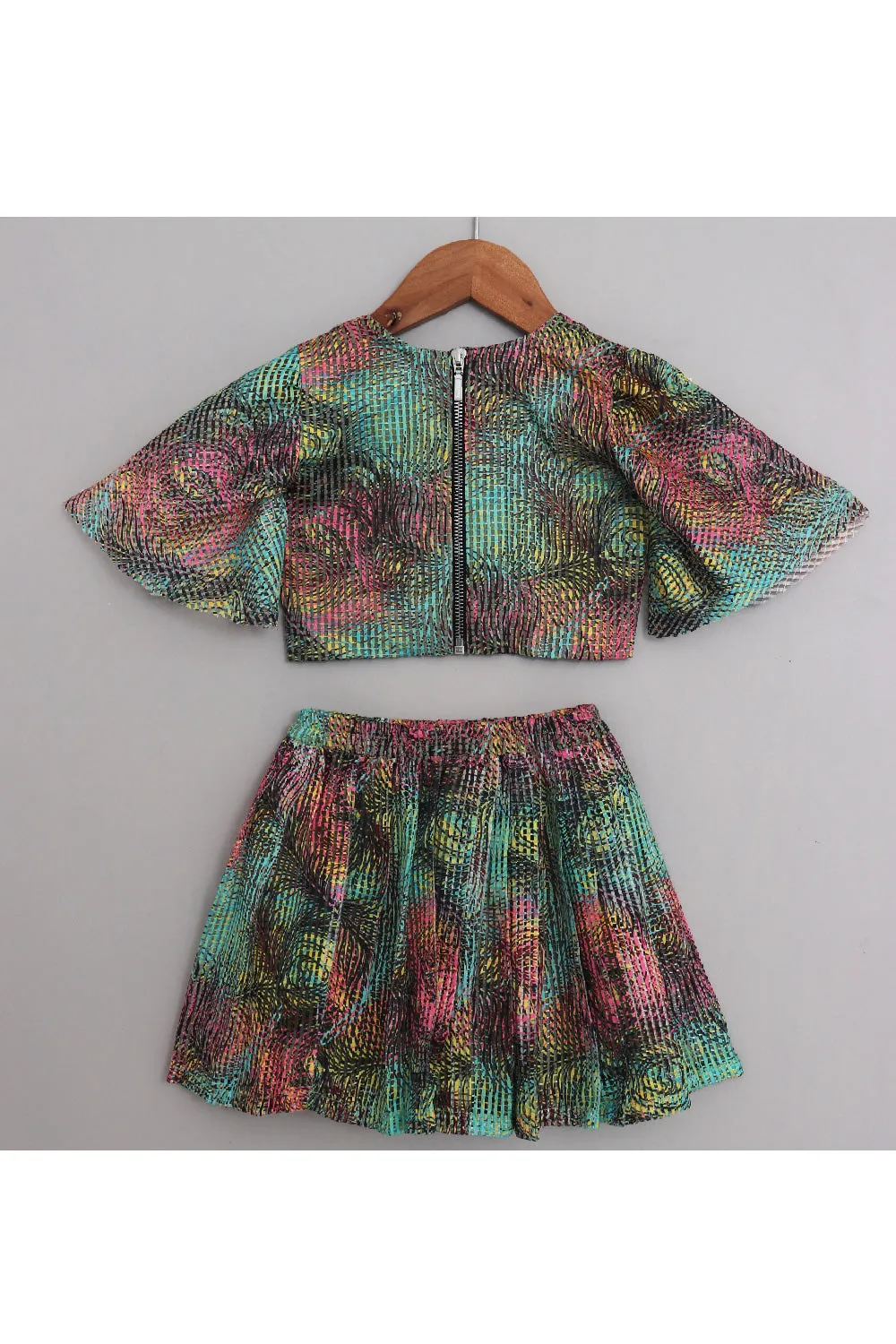 Multicolor Peacock Printed Top With Skirt Set