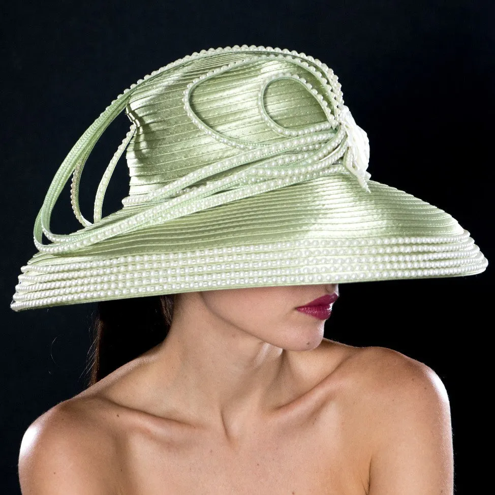 NA0046- Sage satin dress hat with pearl trims and satin flower