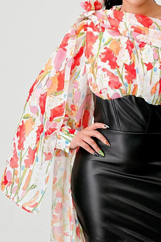 Off-Shoulder Floral Leather Mini Dress