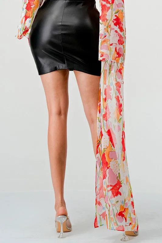 Off-Shoulder Floral Leather Mini Dress