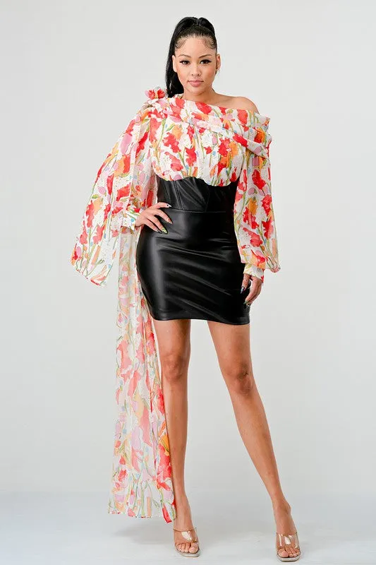 Off-Shoulder Floral Leather Mini Dress