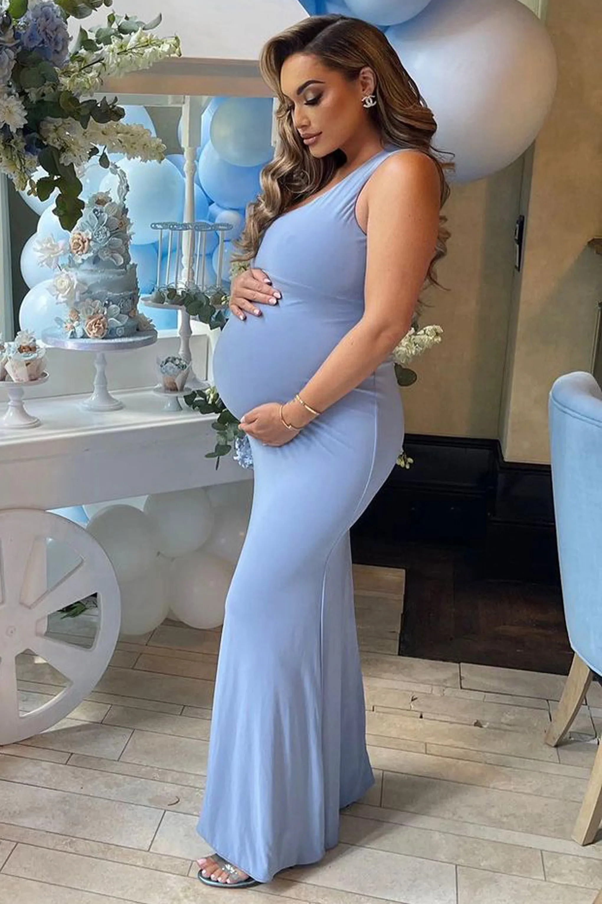 Oh Baby | Powder Blue Maternity One Shoulder Bodycon Maxi Dress