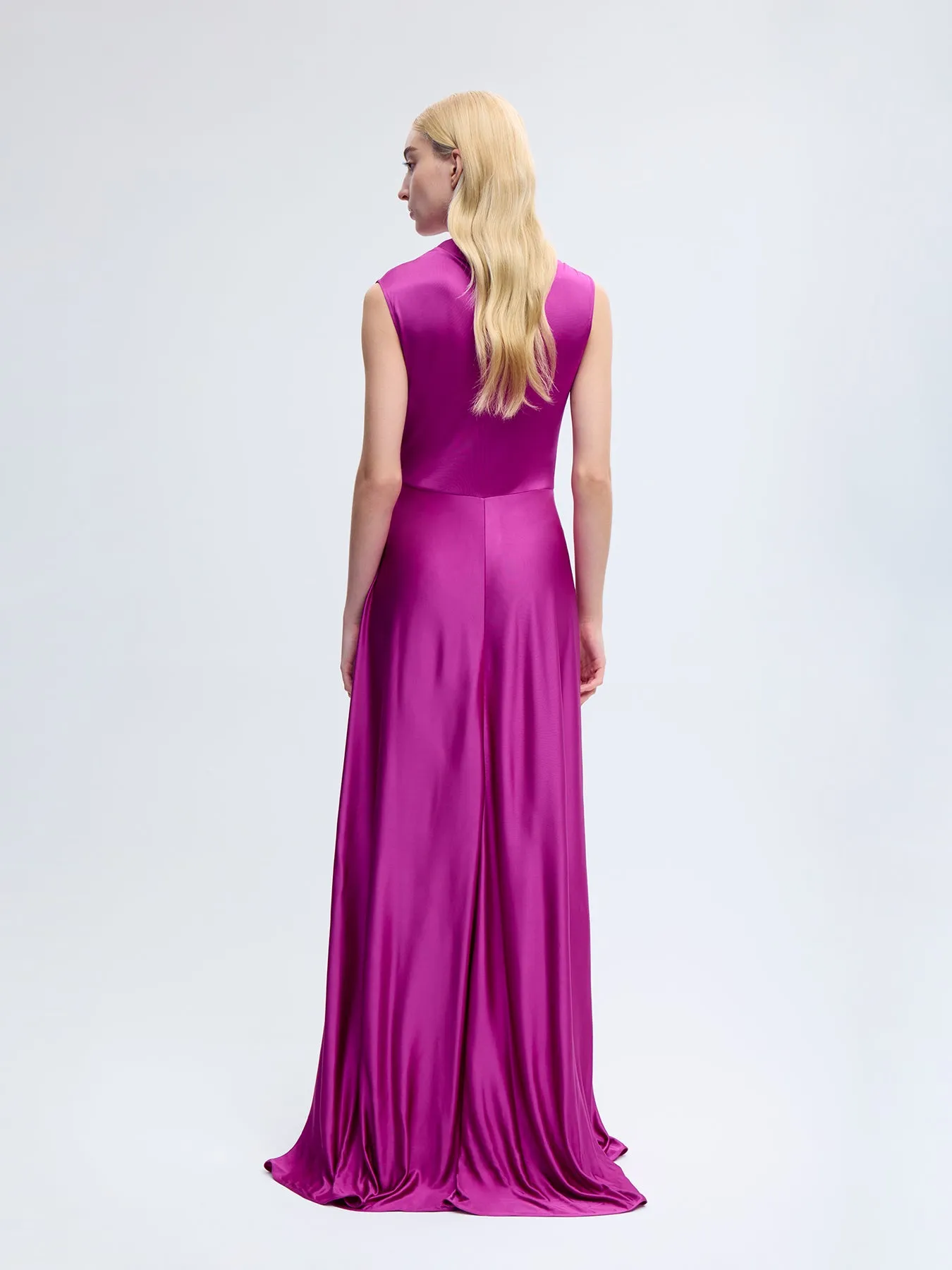 One Shoulder Silk Gown in Fuchsia