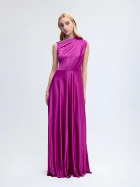 One Shoulder Silk Gown in Fuchsia