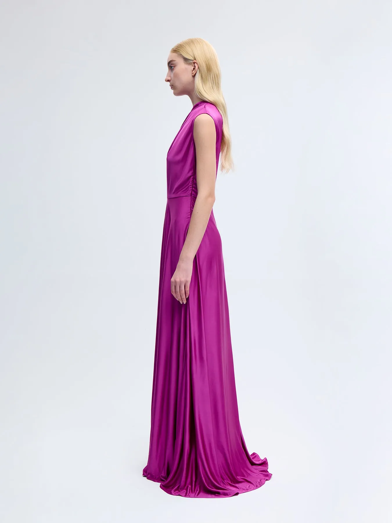 One Shoulder Silk Gown in Fuchsia