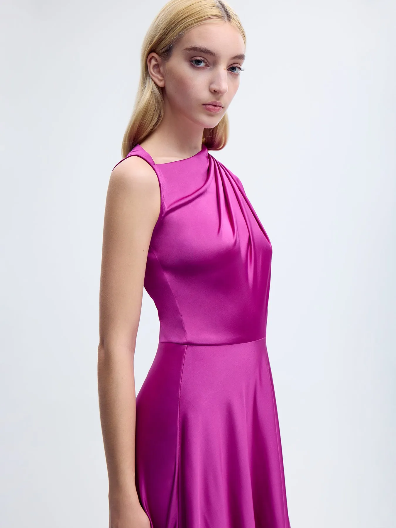 One Shoulder Silk Gown in Fuchsia