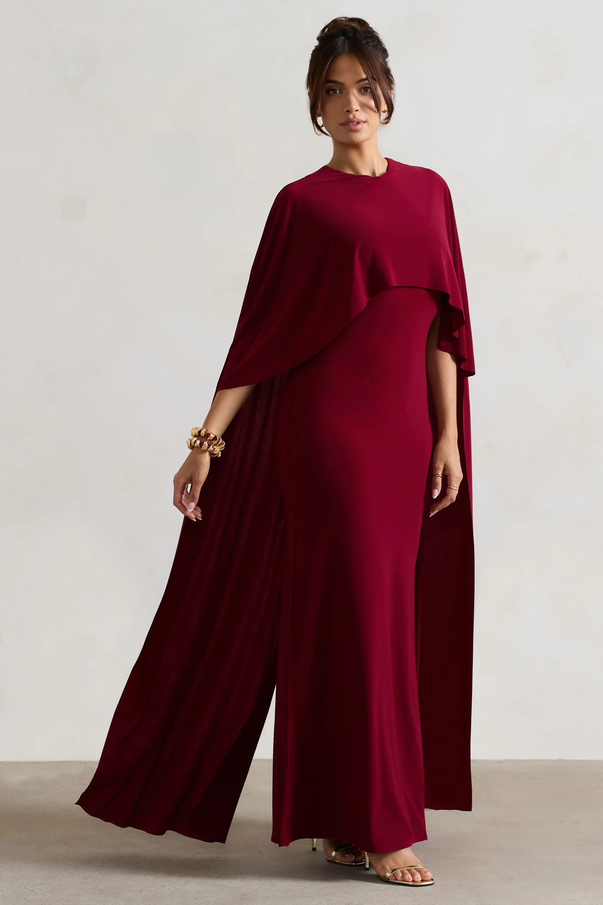 Padma | Berry Draped Maxi Dress With Cape Sleeves