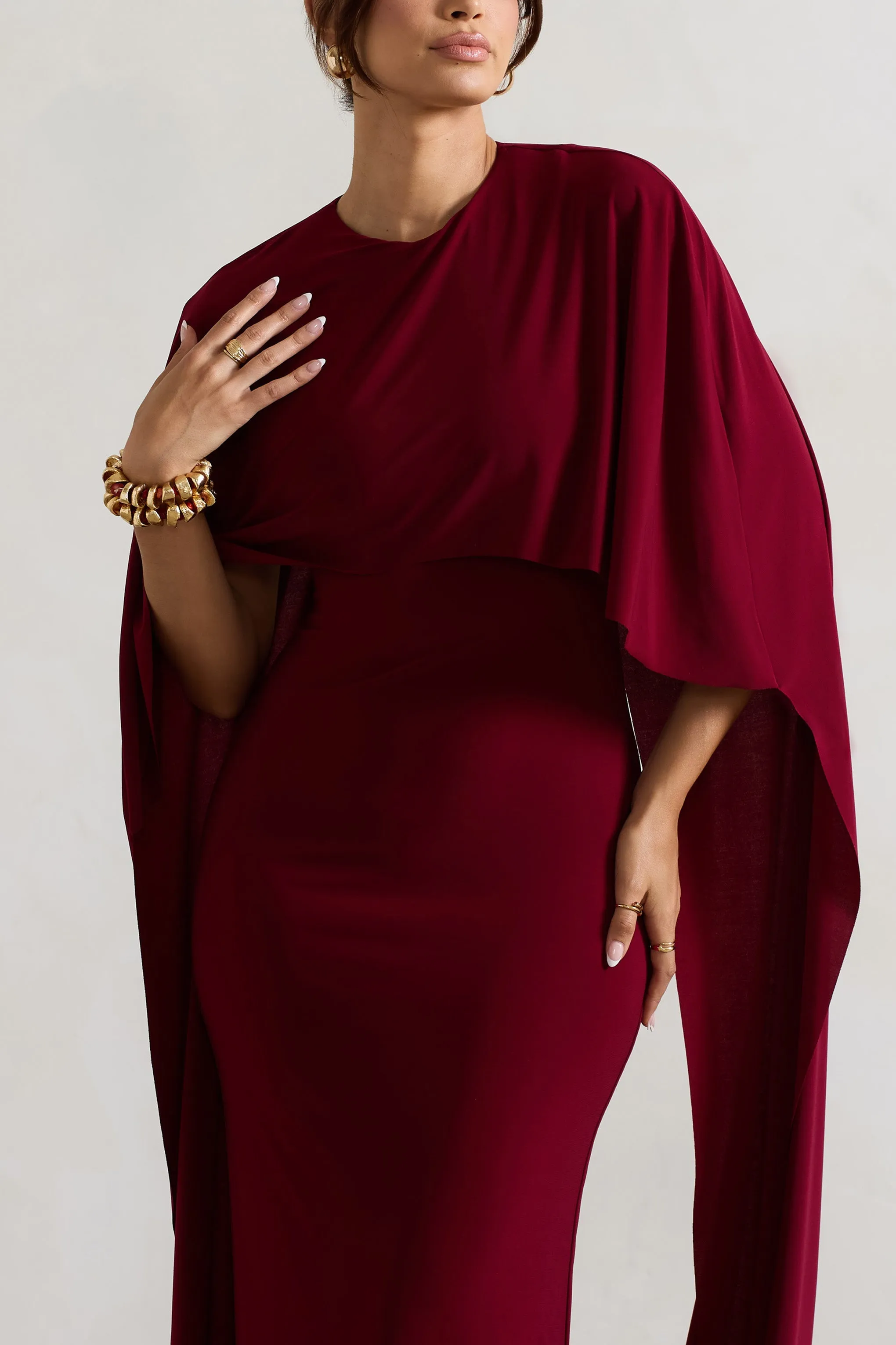 Padma | Berry Draped Maxi Dress With Cape Sleeves