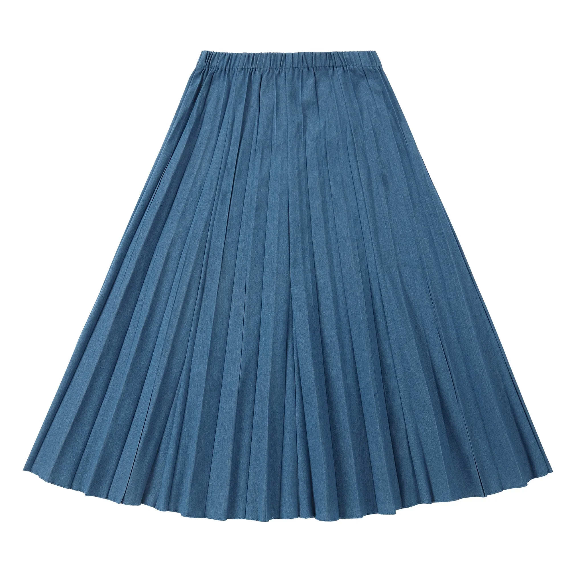 Pleated Blue Denim Midi Skirt