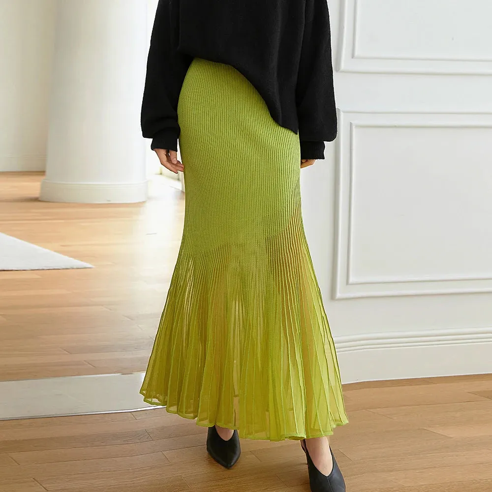 Pleated Skirt For Women High Waist A Line Solid Minimalist Patchwork Sheer Mesh Midi Skirts Female Autumn Clothing