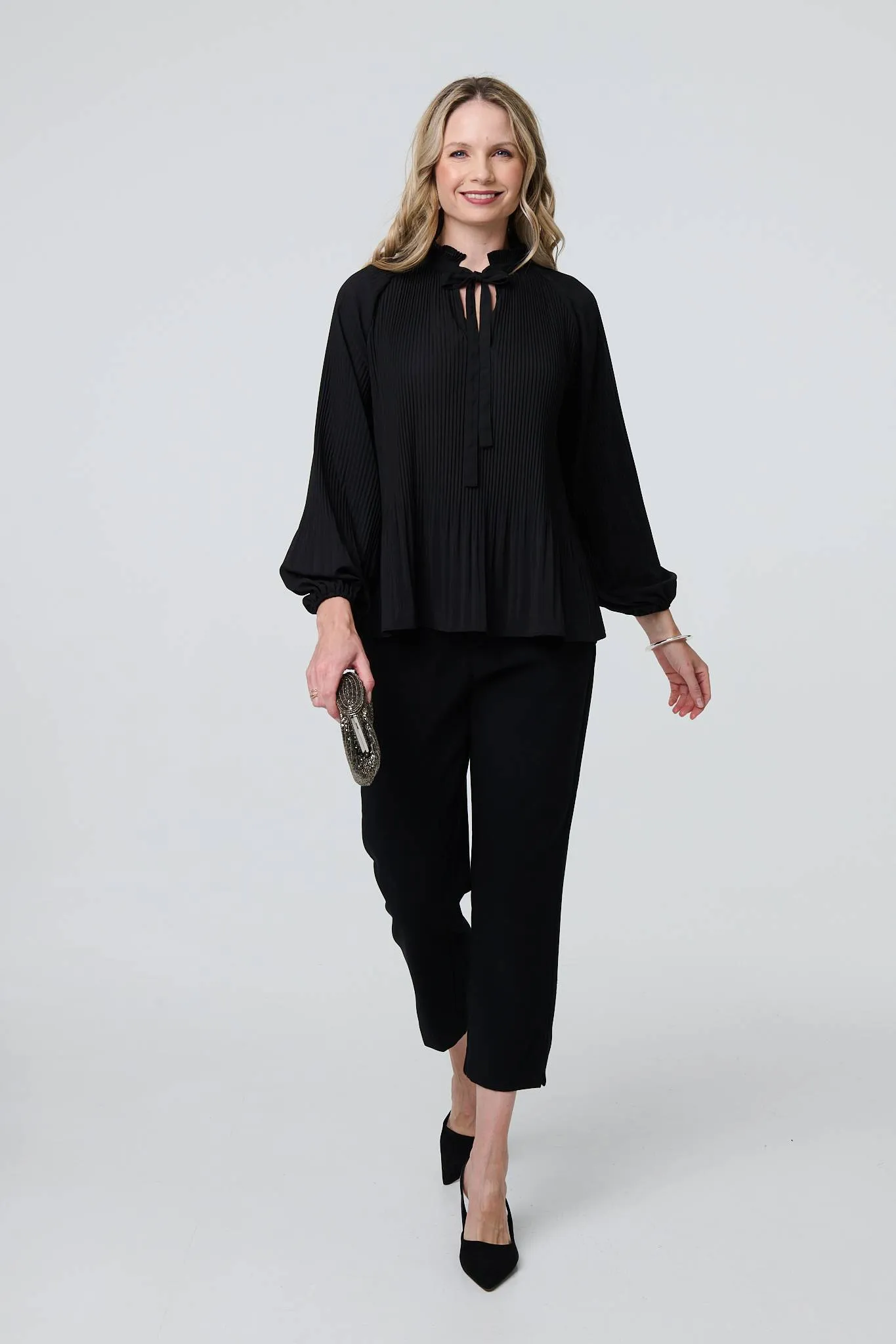 Pleated Tie Neck Long Sleeve Blouse