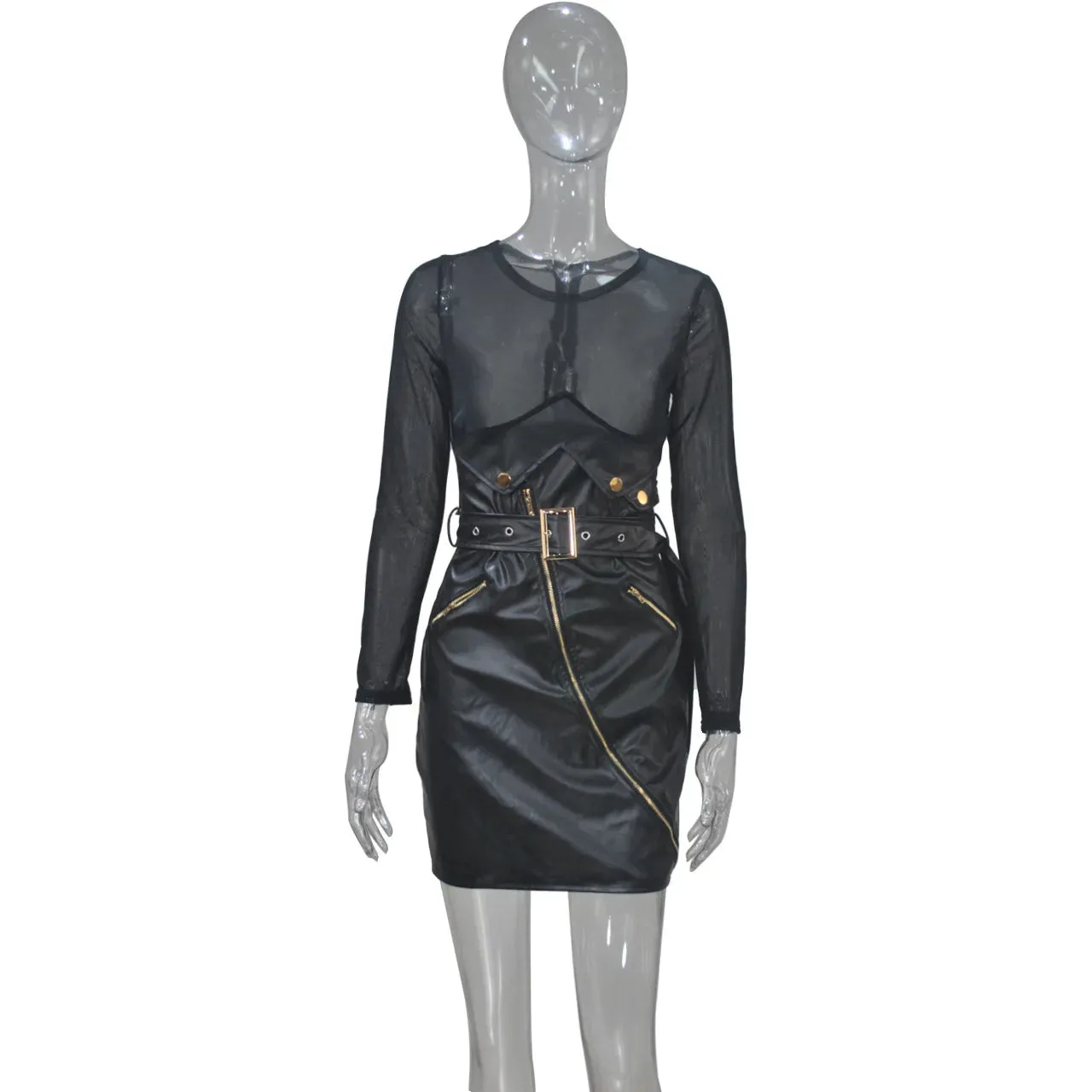 Plus Size Mesh Leather Mini Dresses