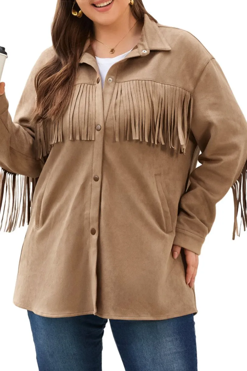 Plus Size Suede Fringe Trim Shacket