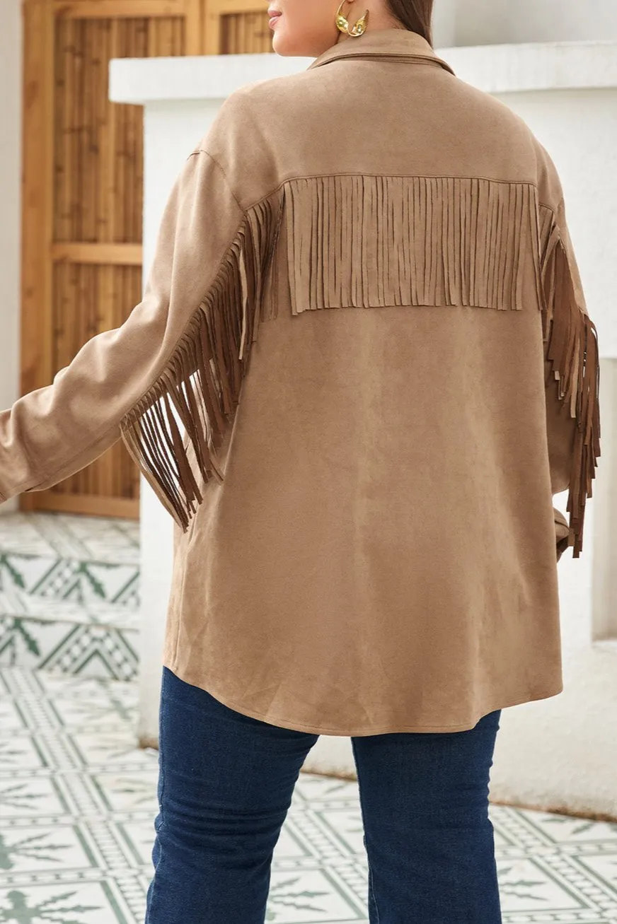 Plus Size Suede Fringe Trim Shacket