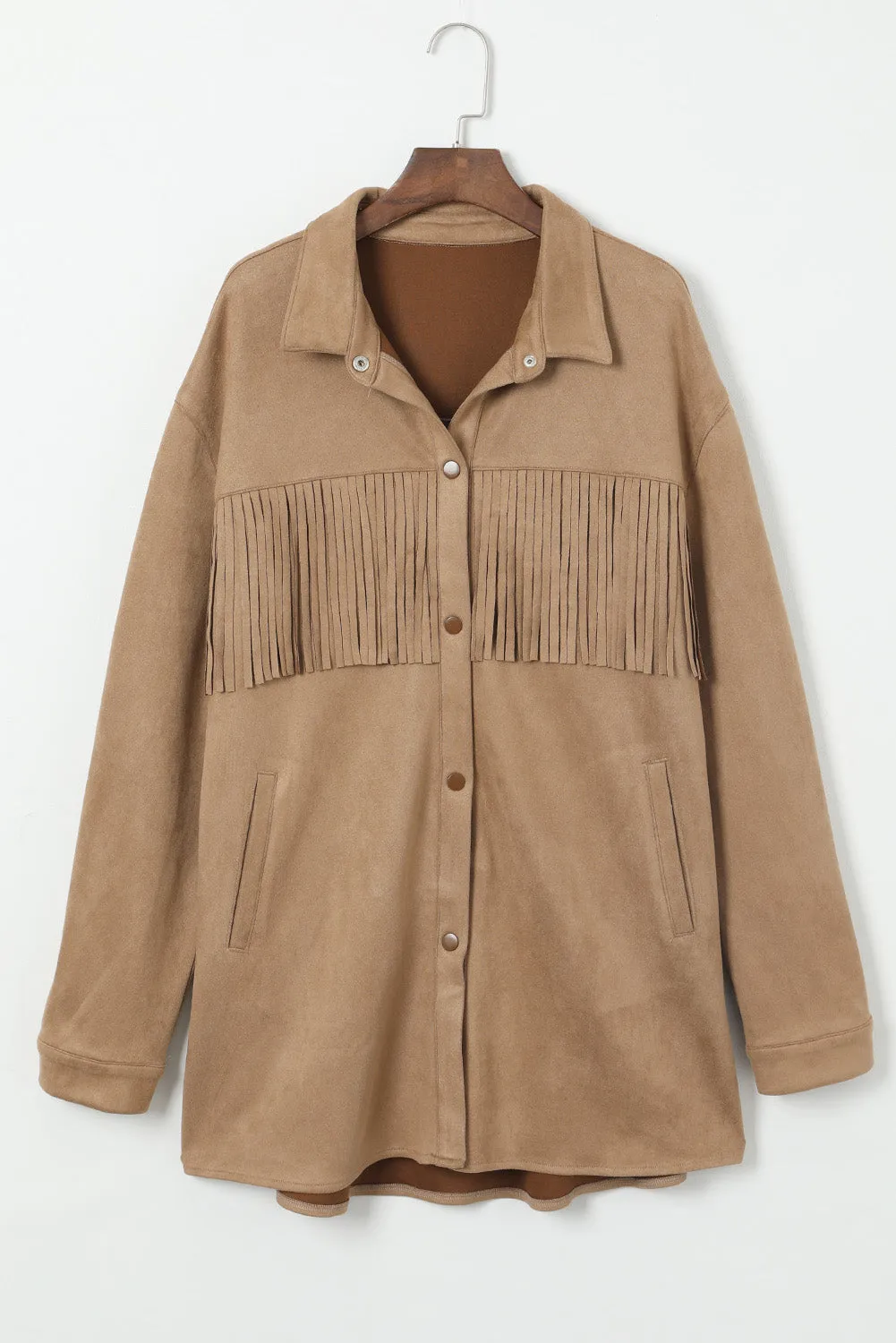 Plus Size Suede Fringe Trim Shacket