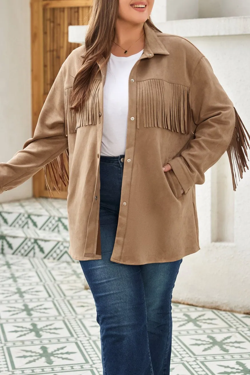 Plus Size Suede Fringe Trim Shacket