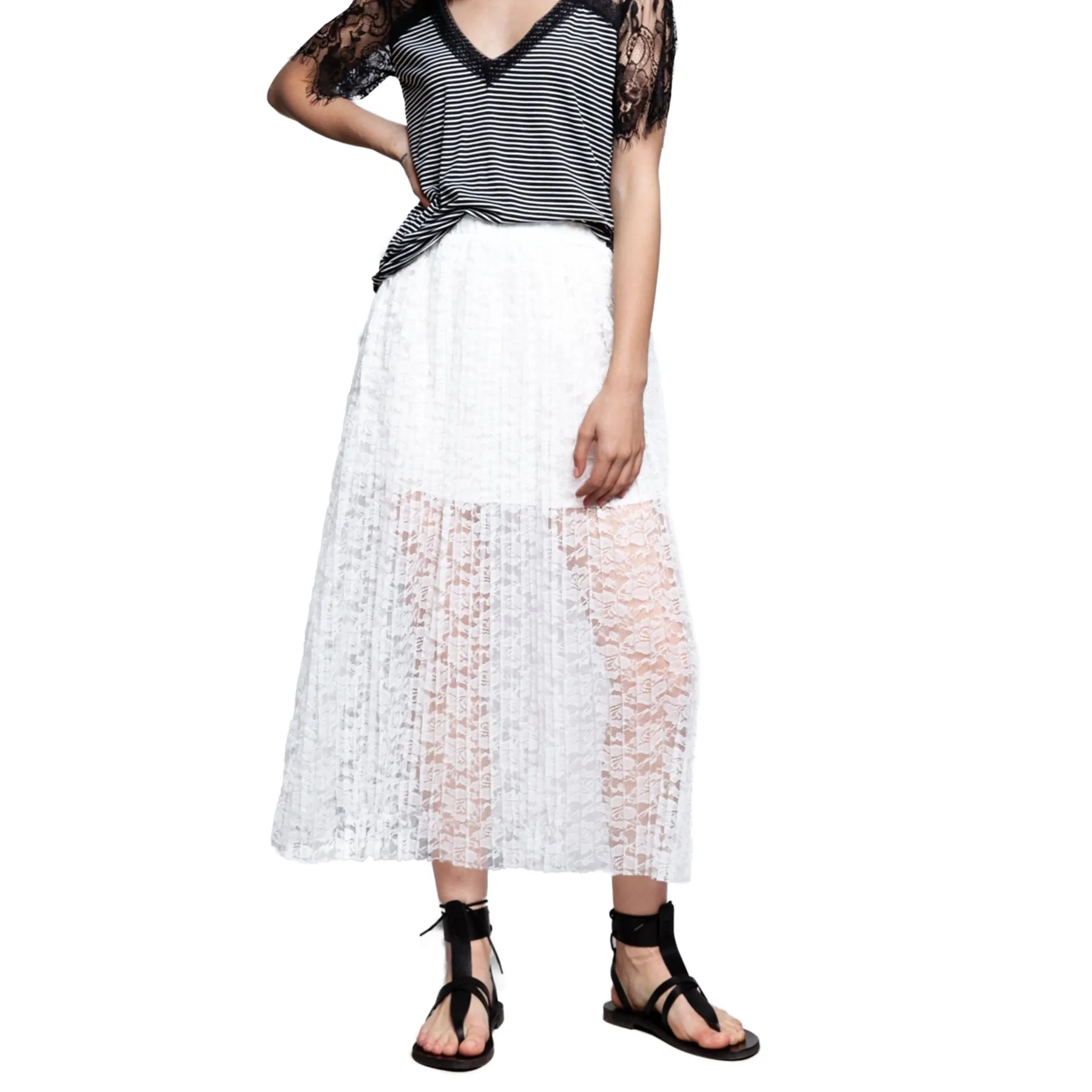 POL Women's Pleated Floral Lace Overlay Midi Skirt