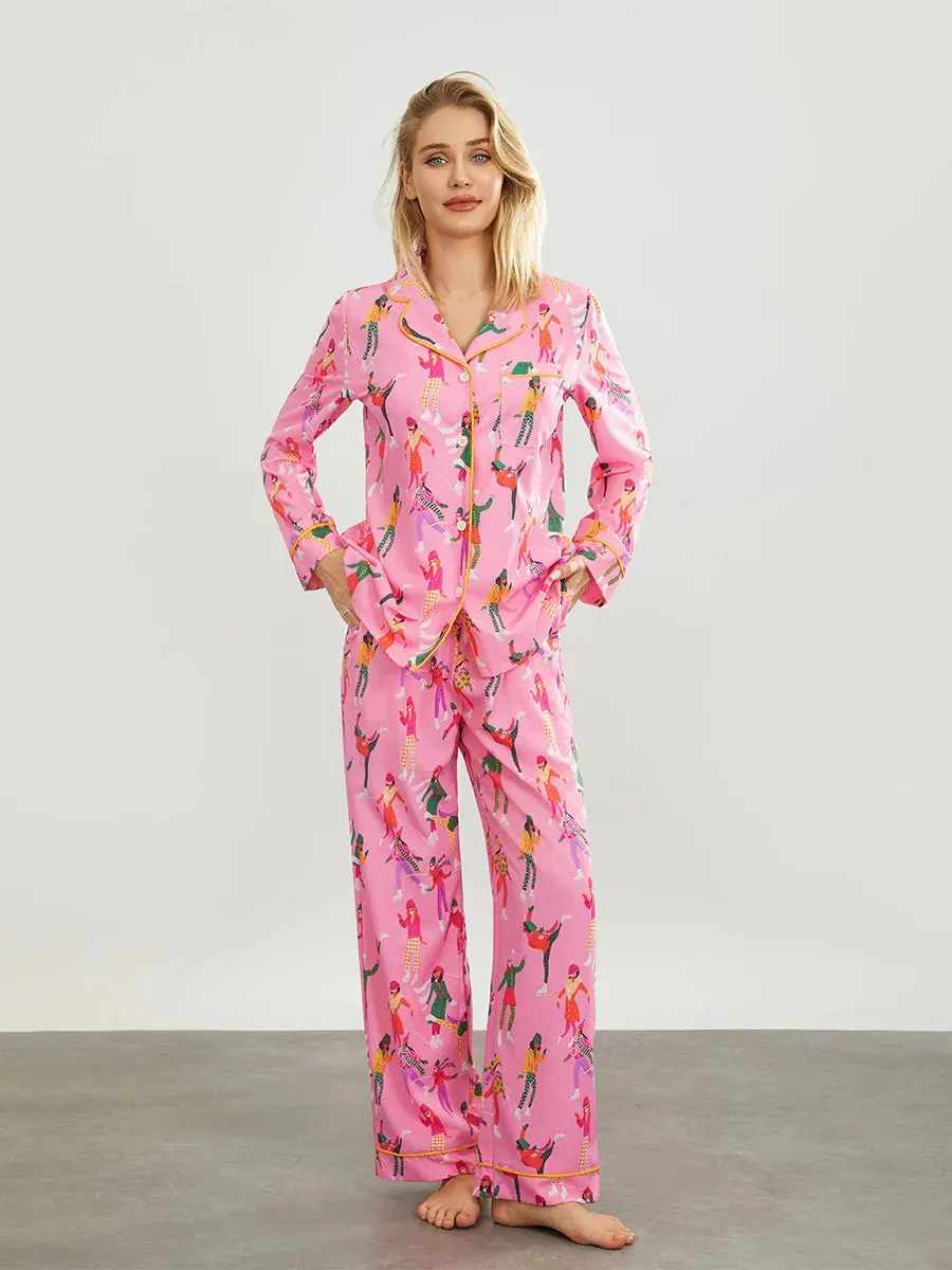 Print Long Sleeve Wide Leg Matching Y2k Two Piece Floral Pajamas