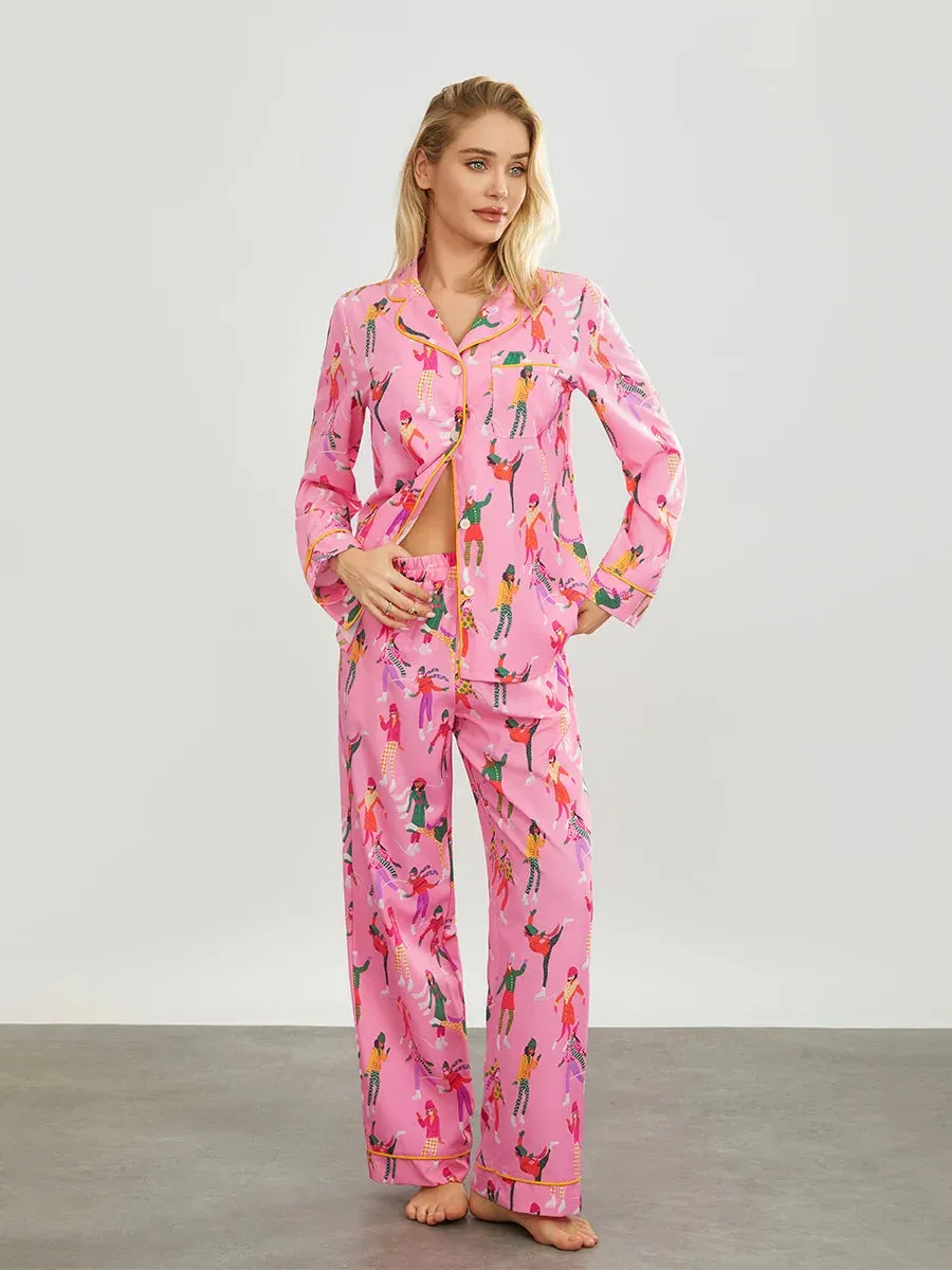 Print Long Sleeve Wide Leg Matching Y2k Two Piece Floral Pajamas