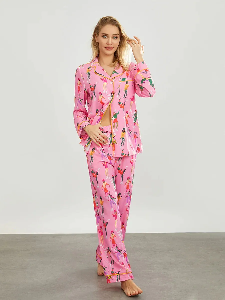 Print Long Sleeve Wide Leg Matching Y2k Two Piece Floral Pajamas