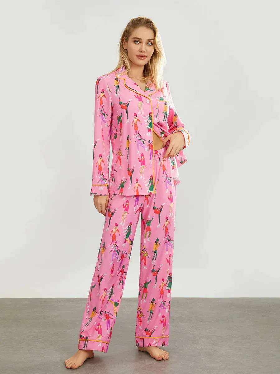 Print Long Sleeve Wide Leg Matching Y2k Two Piece Floral Pajamas