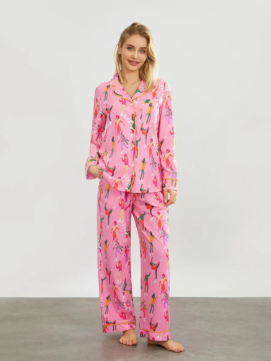 Print Long Sleeve Wide Leg Matching Y2k Two Piece Floral Pajamas