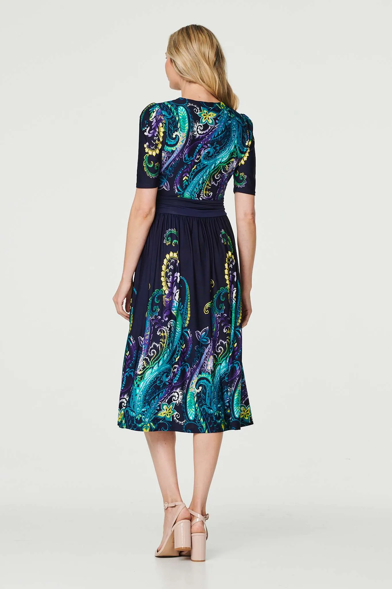 Printed Ruched Waist Midi Dress