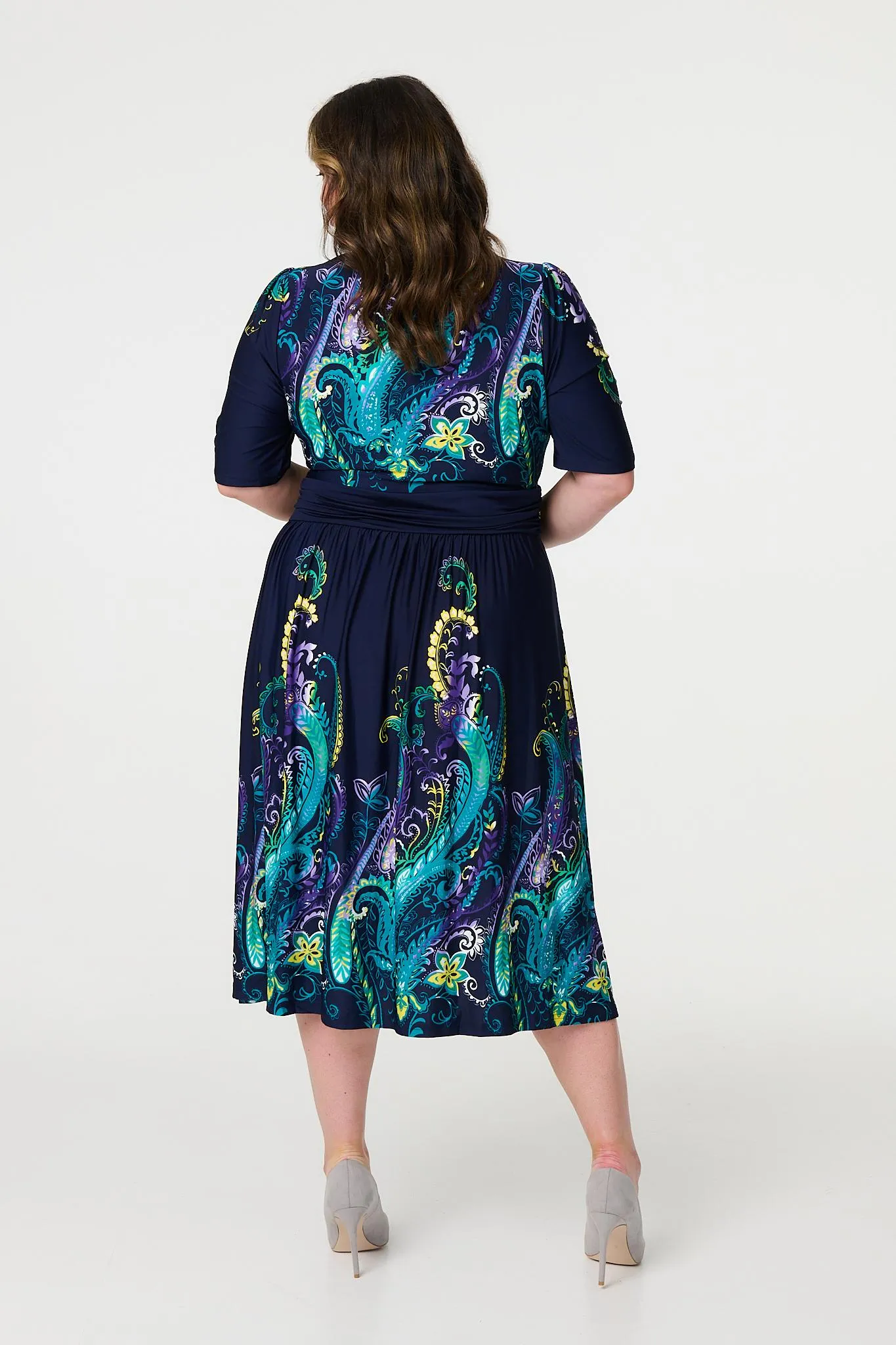 Printed Ruched Waist Midi Dress