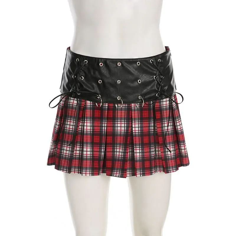 PU leather plaid pleated metal applique self tie mini skirt