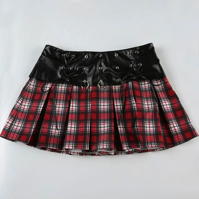 PU leather plaid pleated metal applique self tie mini skirt