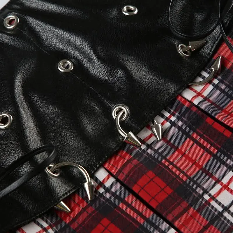 PU leather plaid pleated metal applique self tie mini skirt