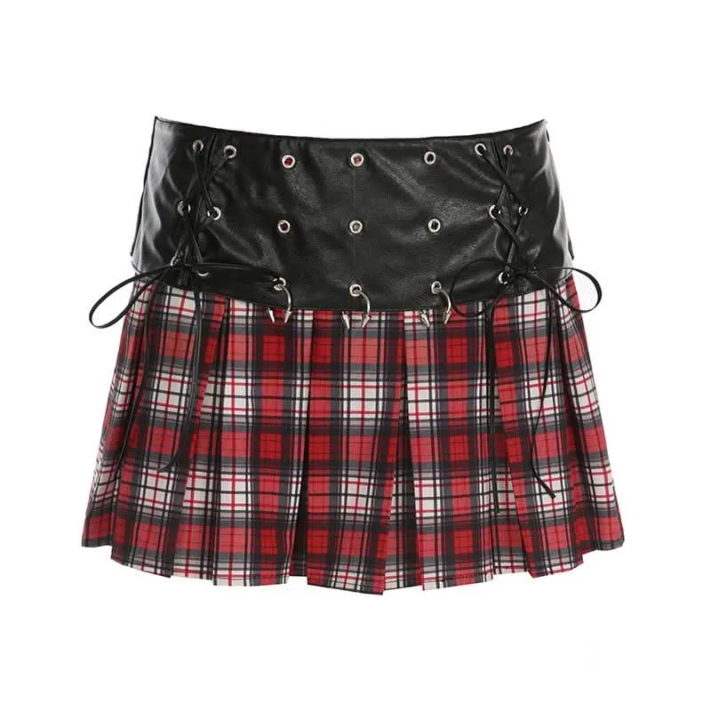 PU leather plaid pleated metal applique self tie mini skirt