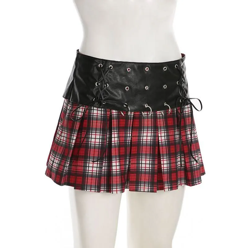 PU leather plaid pleated metal applique self tie mini skirt