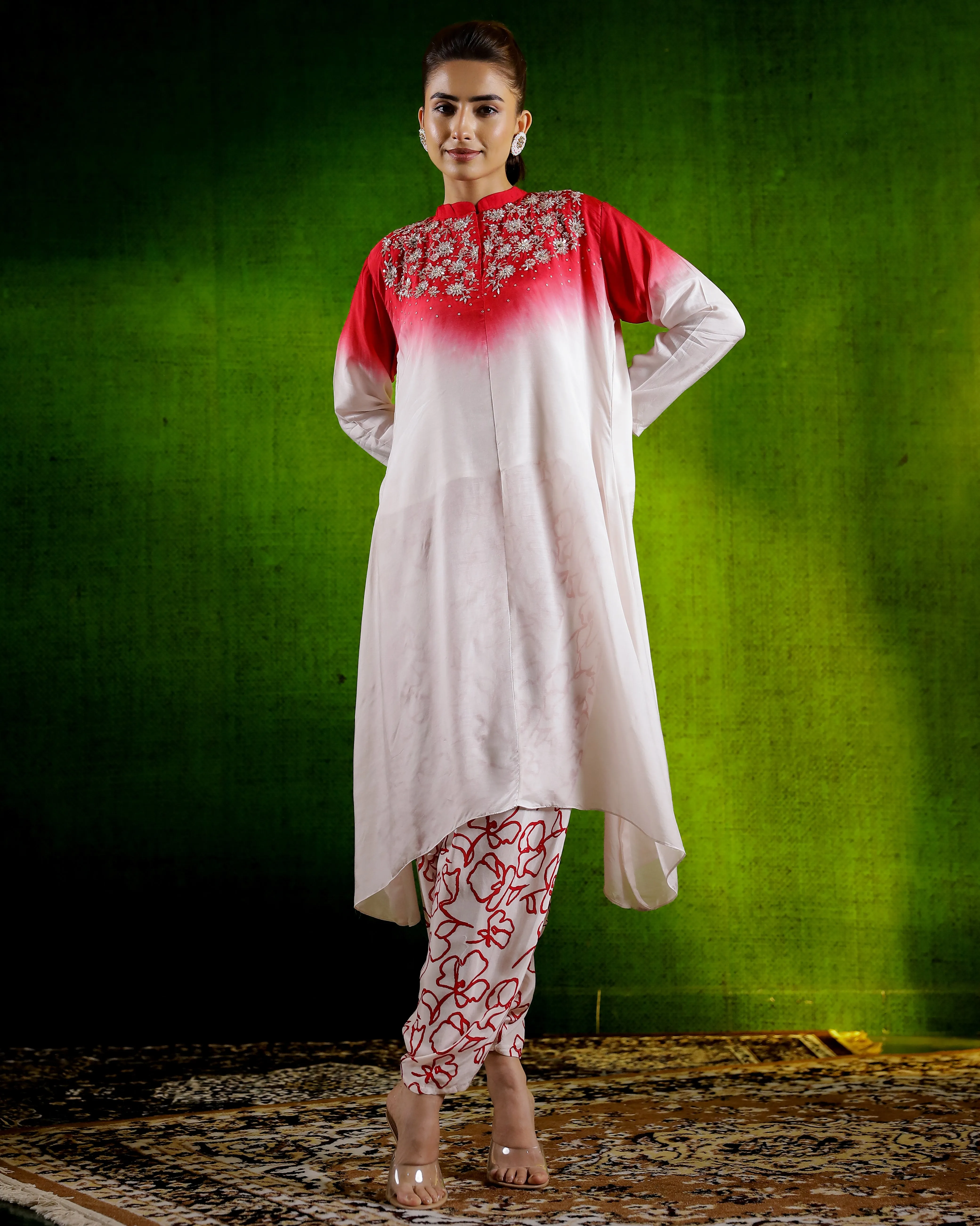 Red Ombre-Dyed Satin Silk Kurta & Cowl Pants Set