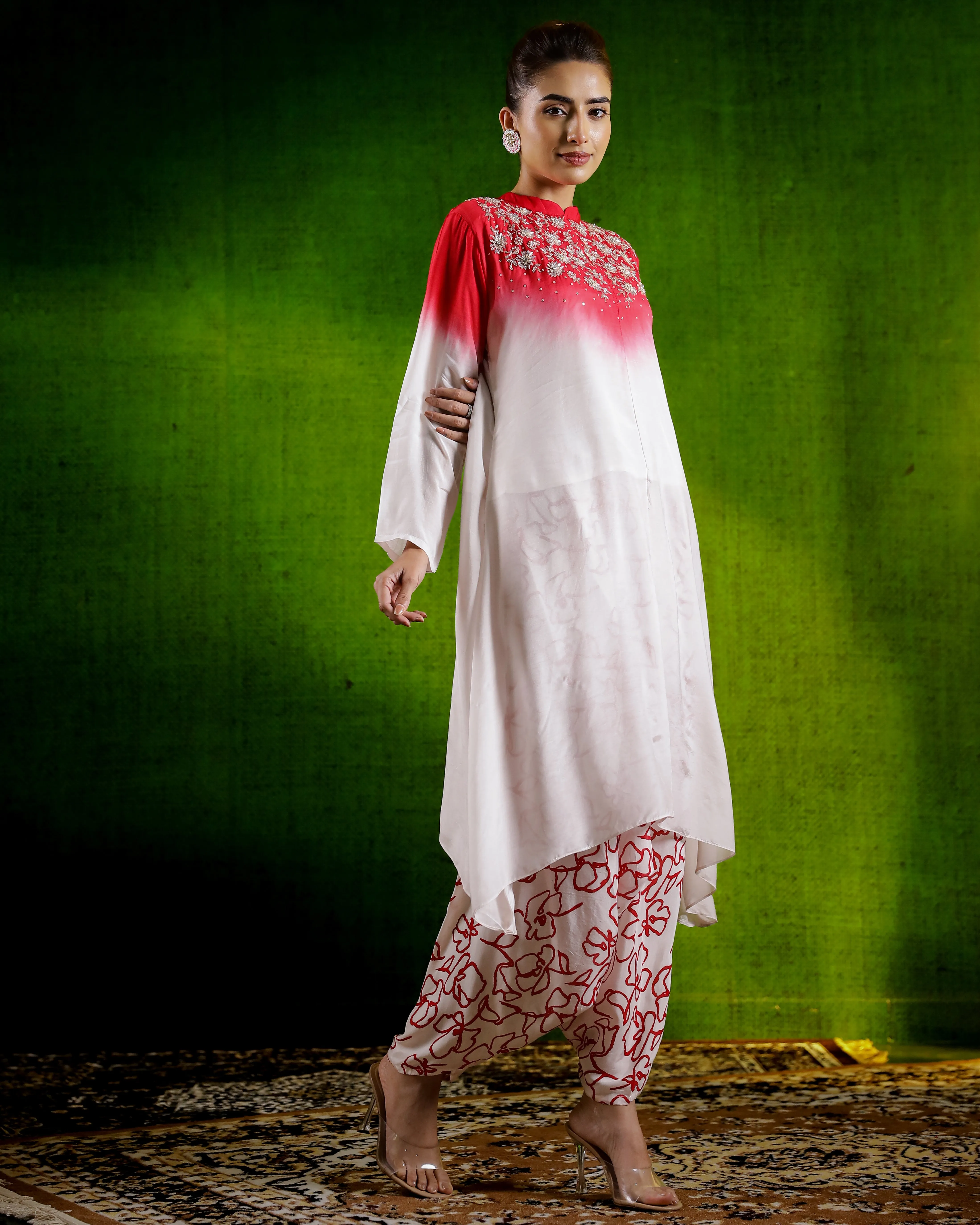 Red Ombre-Dyed Satin Silk Kurta & Cowl Pants Set