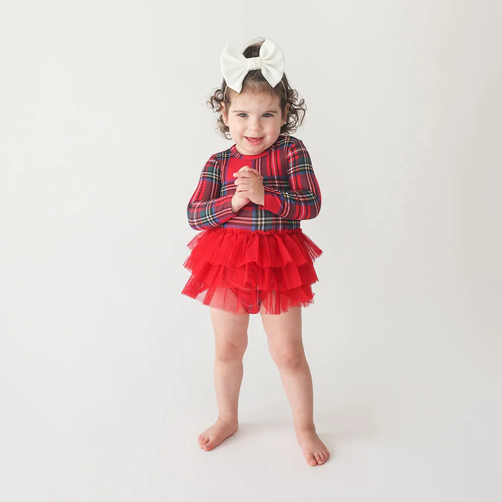 Red Tartan Plaid Long Sleeve Tulle Skirt Bodysuit Dress