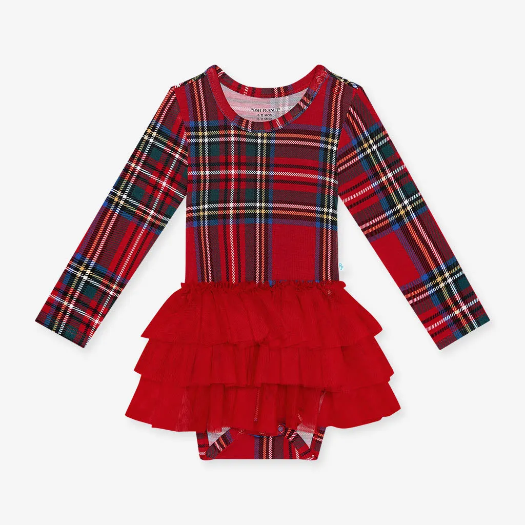 Red Tartan Plaid Long Sleeve Tulle Skirt Bodysuit Dress