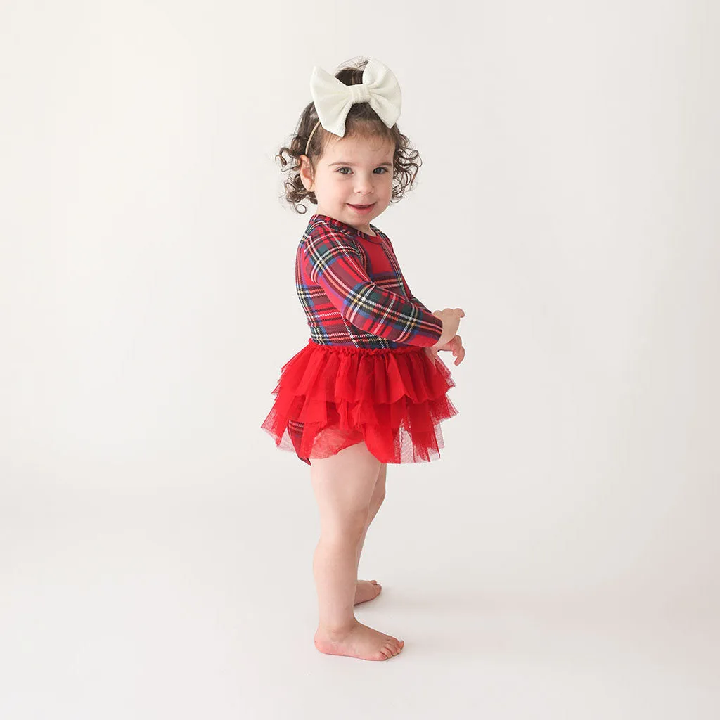 Red Tartan Plaid Long Sleeve Tulle Skirt Bodysuit Dress