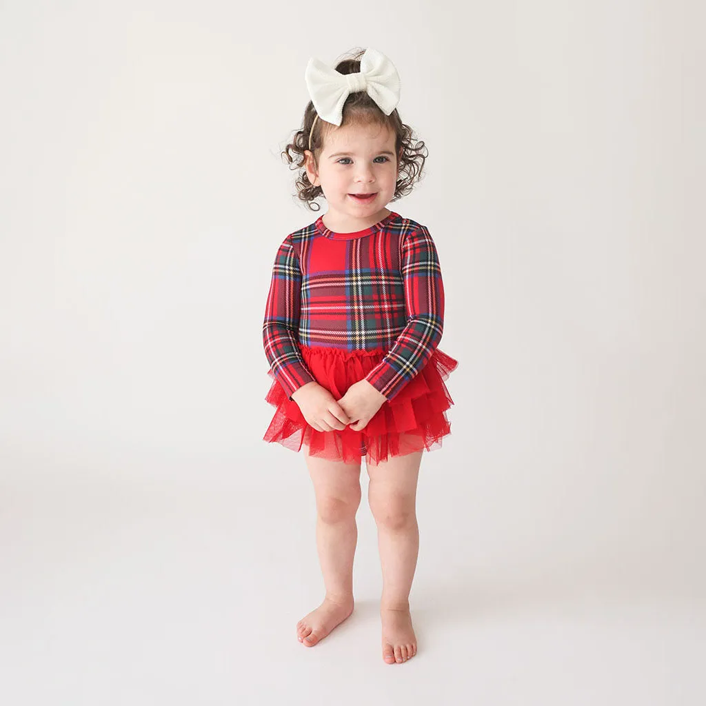 Red Tartan Plaid Long Sleeve Tulle Skirt Bodysuit Dress