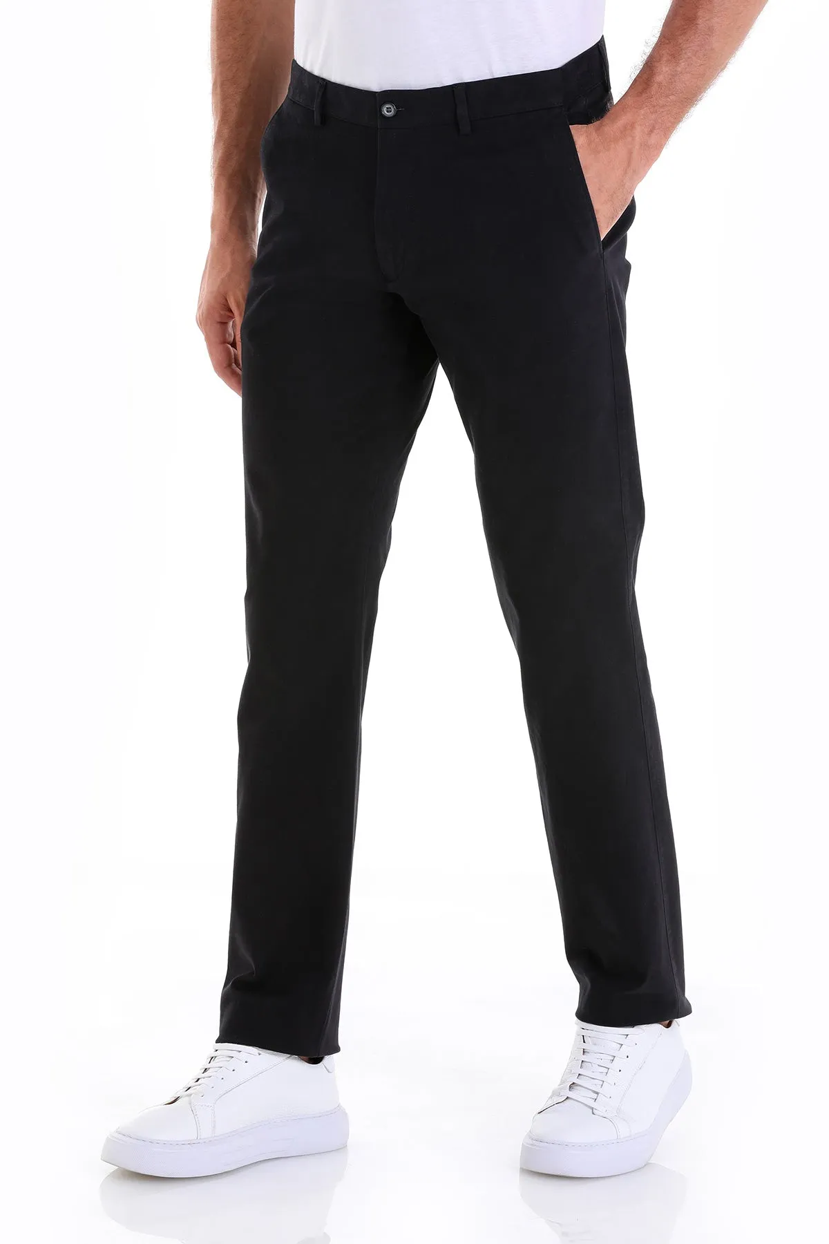 Regular Fit Side Pocket High Waist Black Cotton Casual Pants