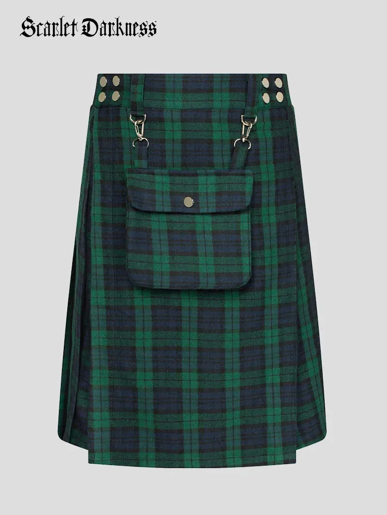 Scottish Mens Tartan Utility Kilt Pleated Midi Skirt with Bag