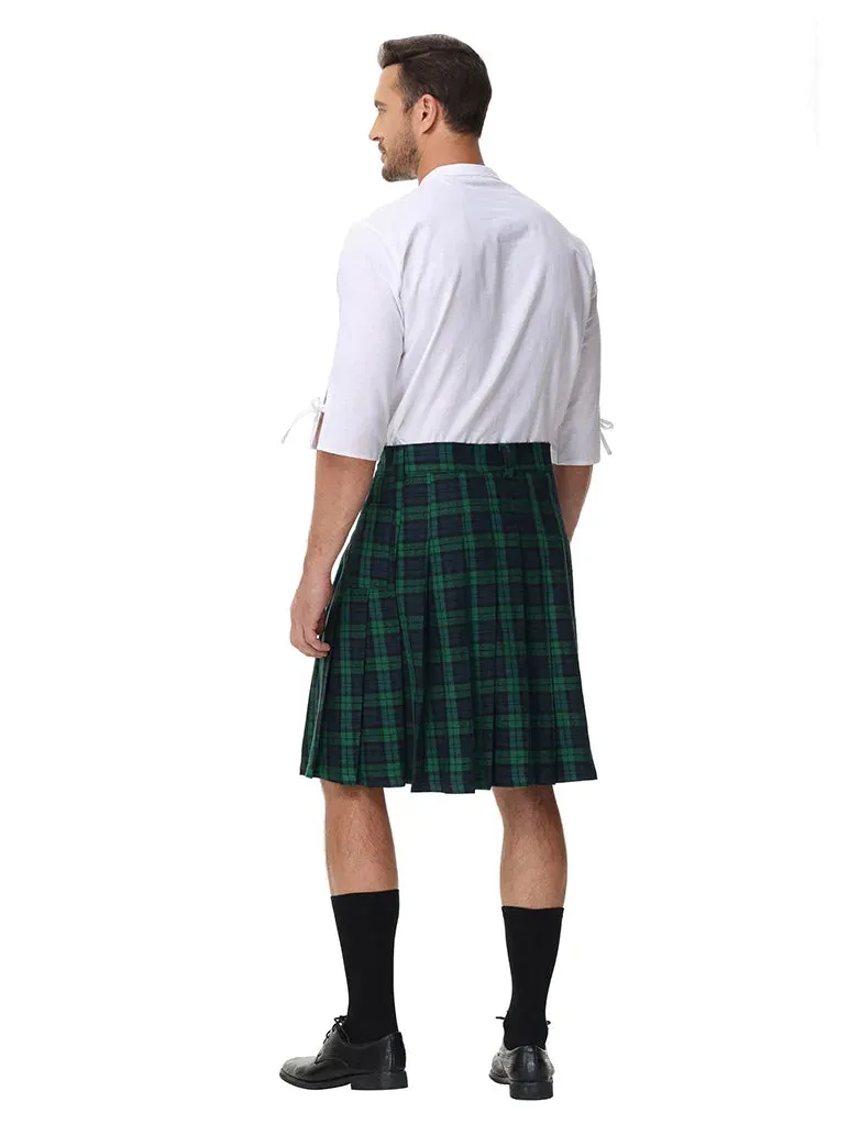 Scottish Mens Tartan Utility Kilt Pleated Midi Skirt with Bag