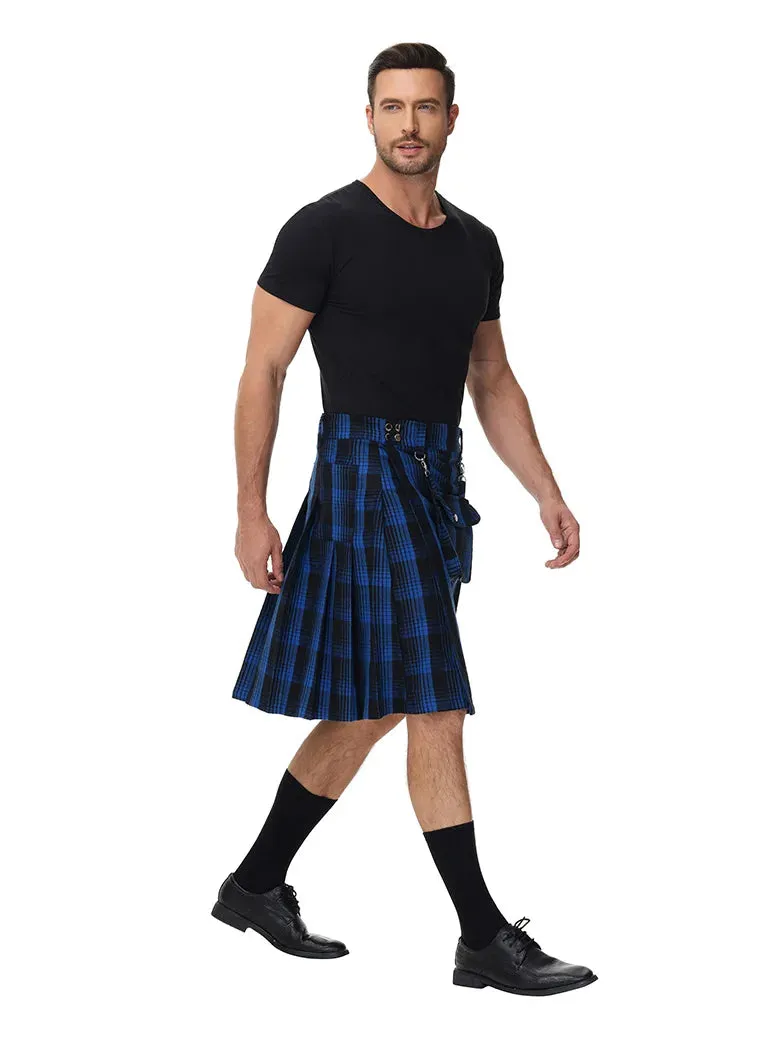 Scottish Mens Tartan Utility Kilt Pleated Midi Skirt with Bag