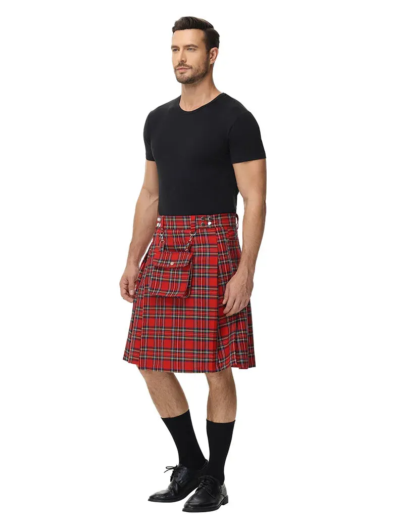 Scottish Mens Tartan Utility Kilt Pleated Midi Skirt with Bag