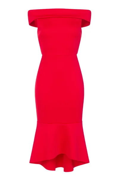 Serena Berry Red Bardot Bodycon Peplum Midi Dress