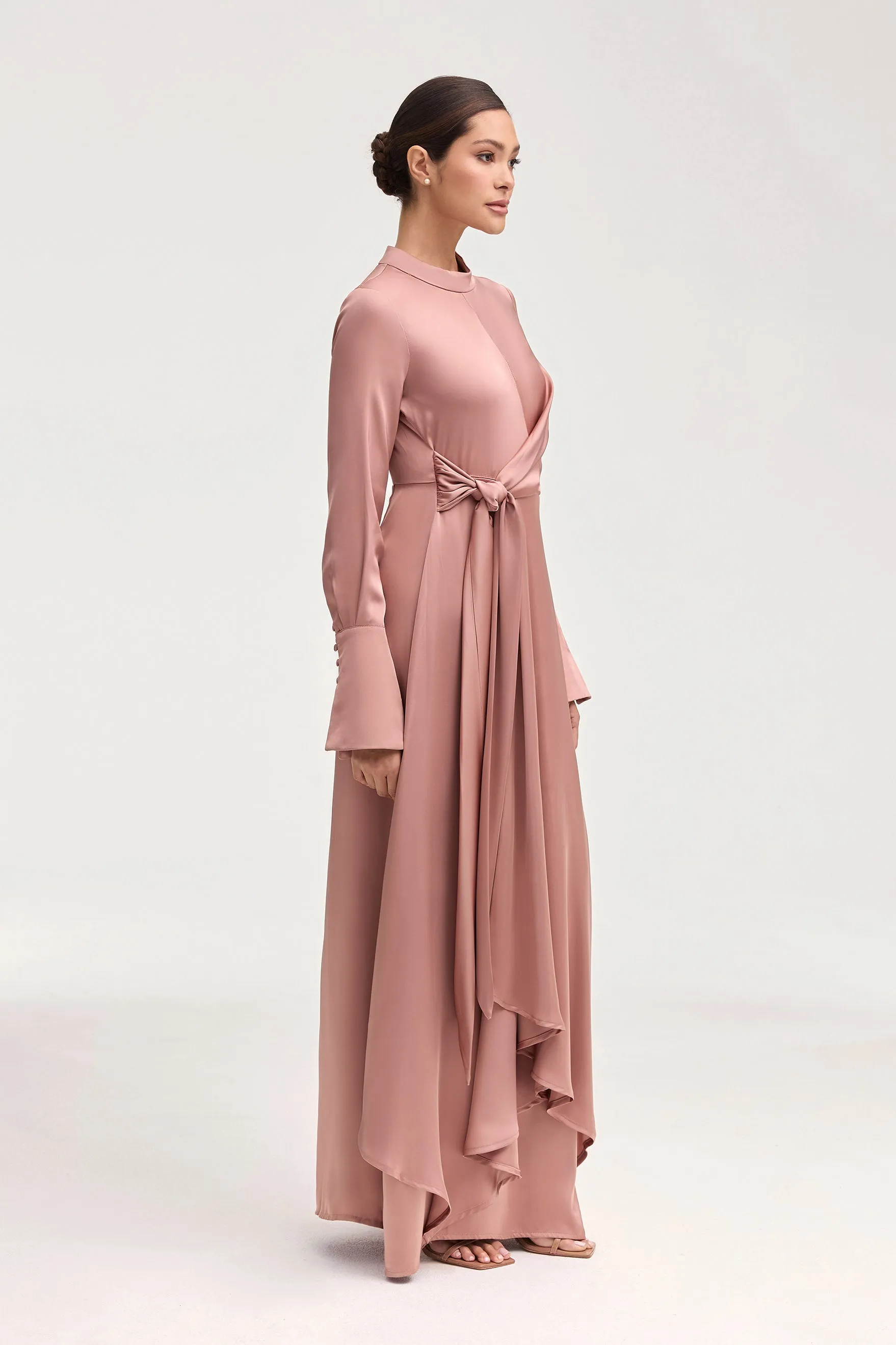 Serena Satin Side Tie Maxi Dress - Dusty Mauve