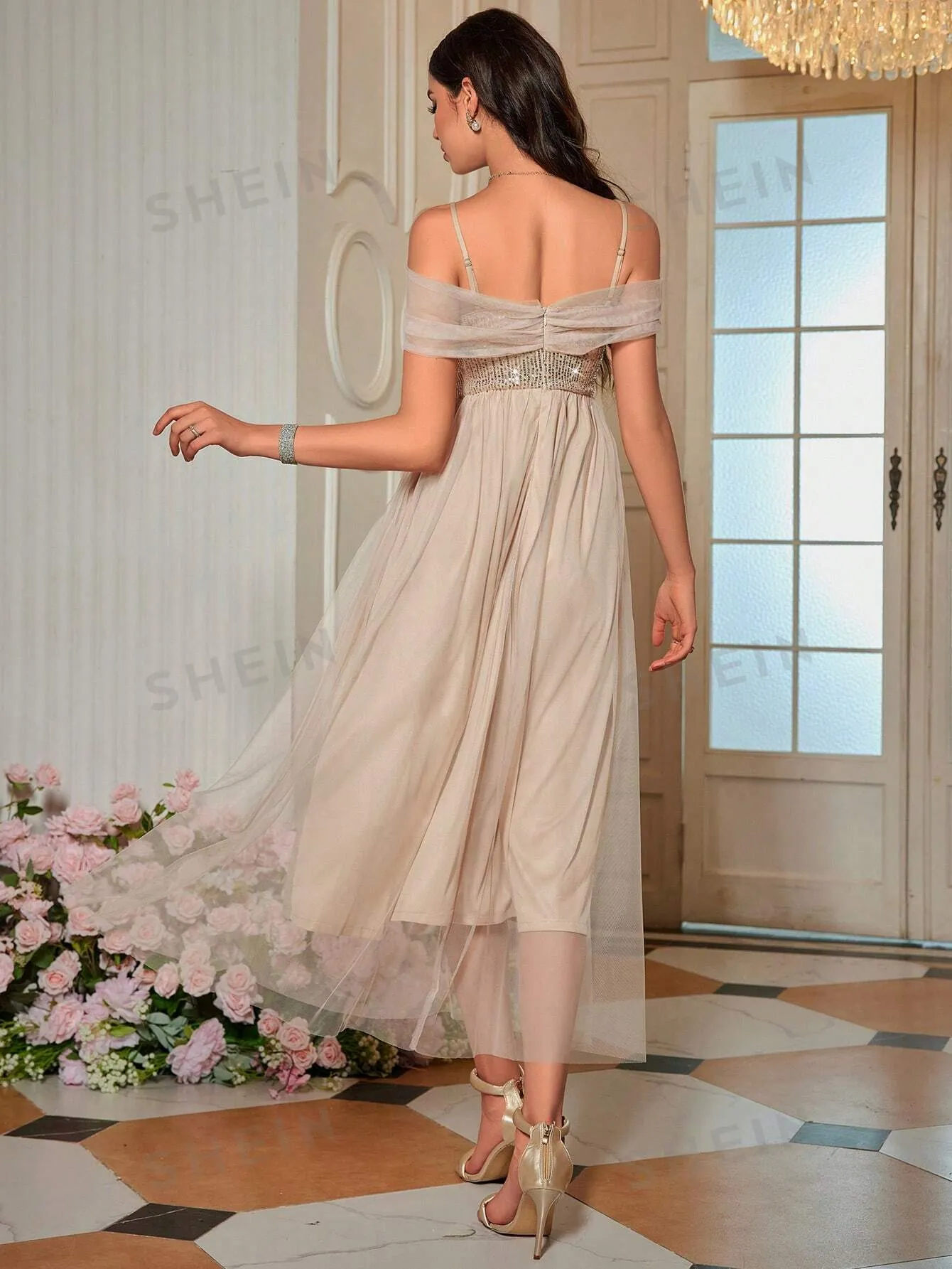 SHEIN Belle Off Shoulder Contrast Sequin Mesh Bridesmaid Dress