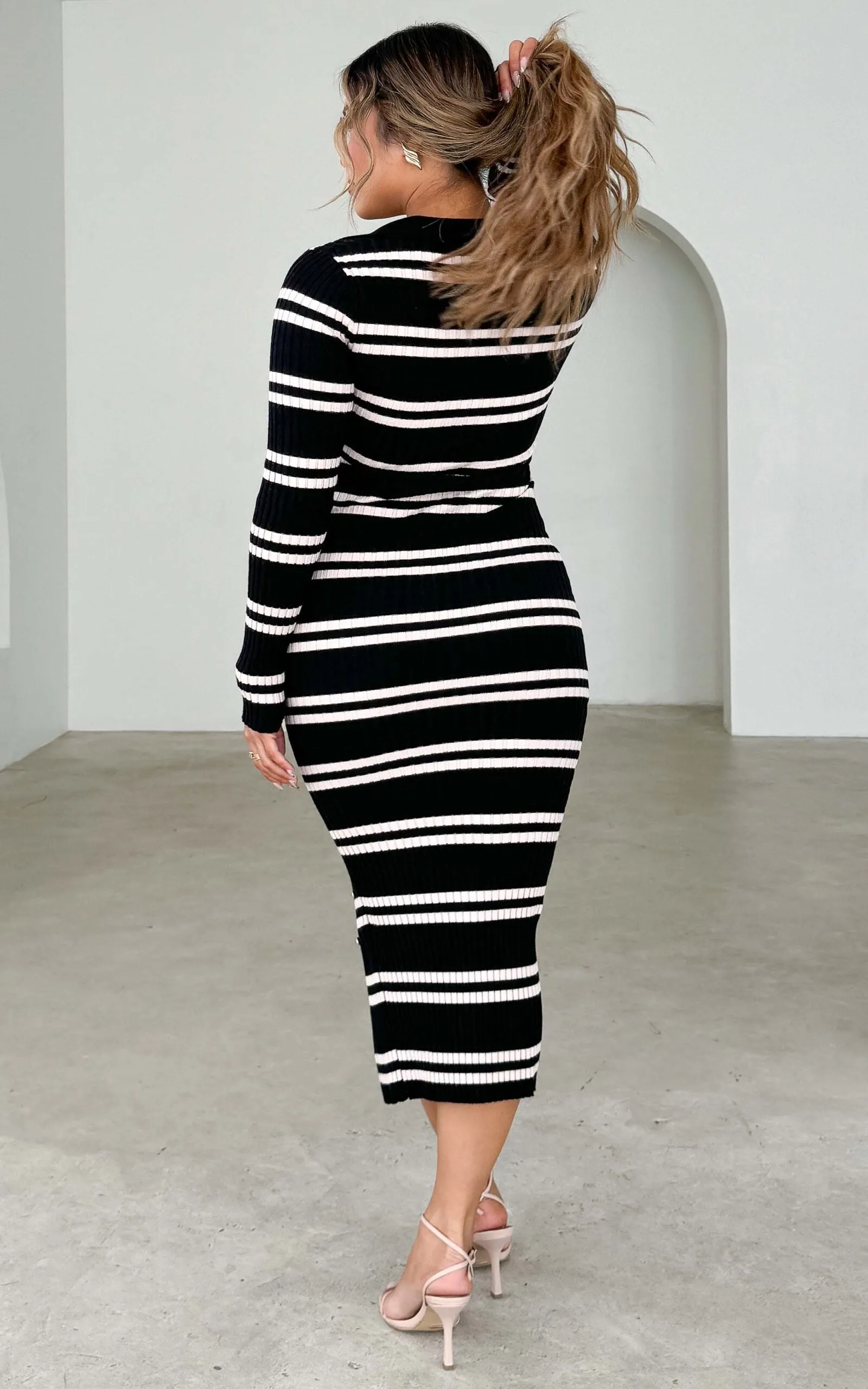 Sidney Knit Midi Dress - Black Beige Stripes