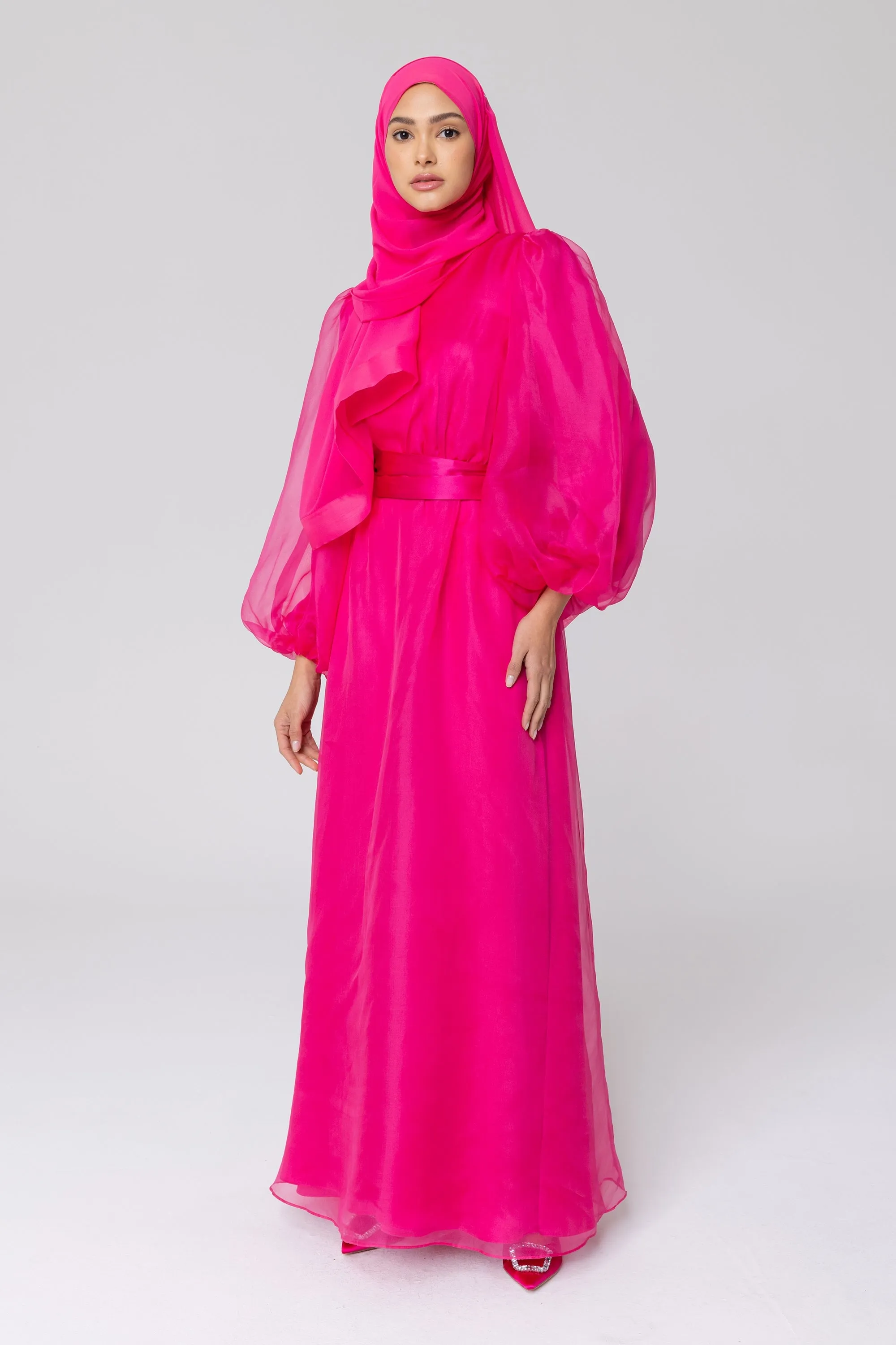 Silk Organza Balloon Sleeve A-Line Maxi Dress - Pink